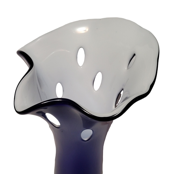 Cobalt Blue Milky White Inside Ruffled Top Cut Outs 12" Tall Vase - Picture 4 of 11